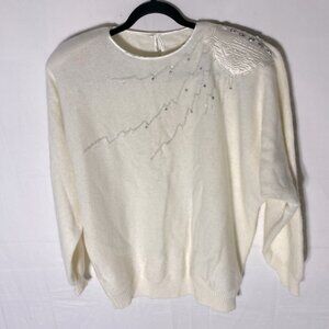 Vintage 90s Cream Beaded Decorated Shoulder Oversized Sweater M